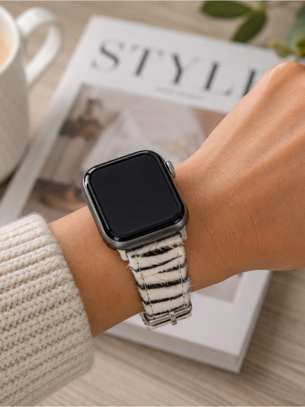 Apple Watch 44mm Zebra Print Faux Fur Watch Band
